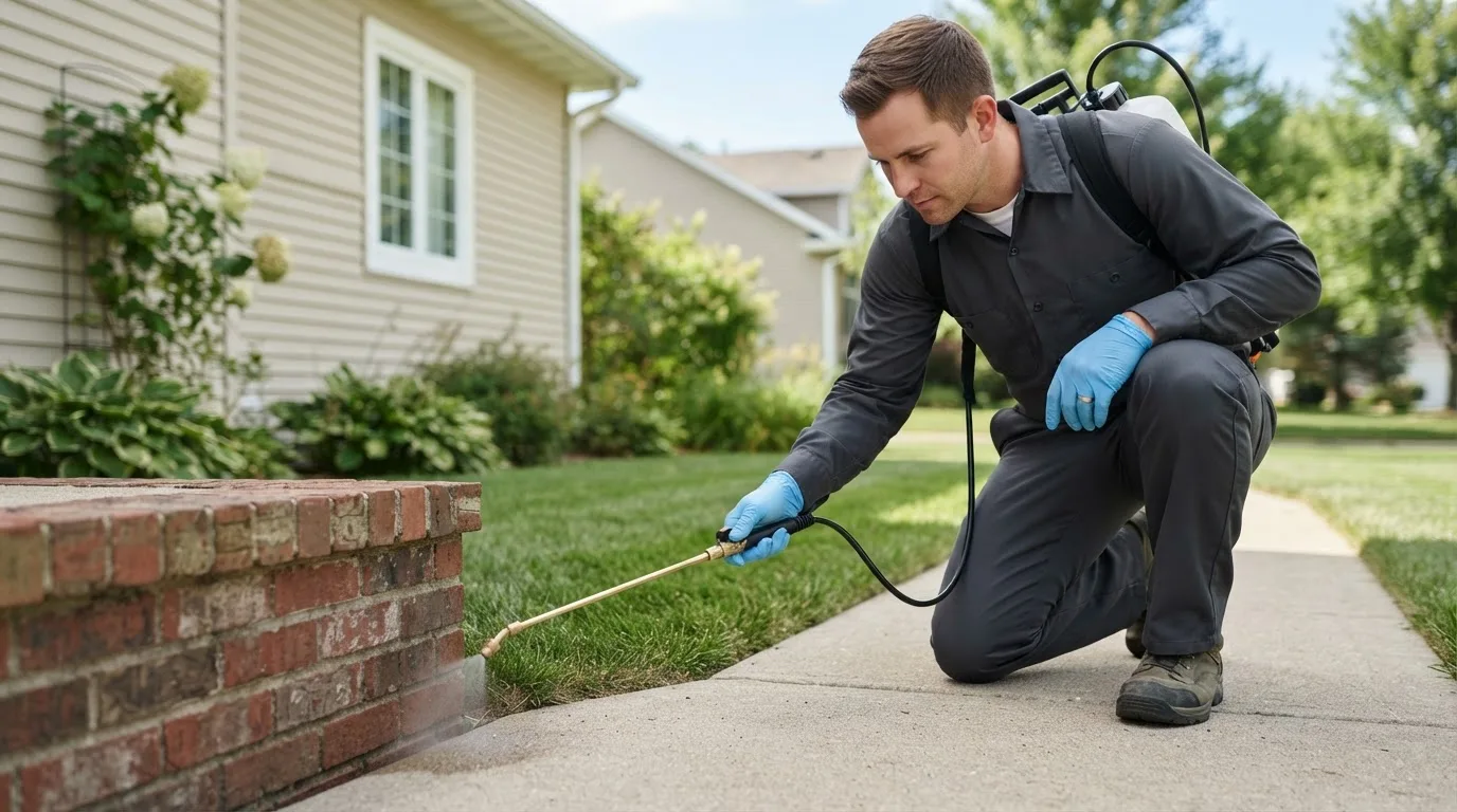 Pest control technician treating a home near Laura, OH